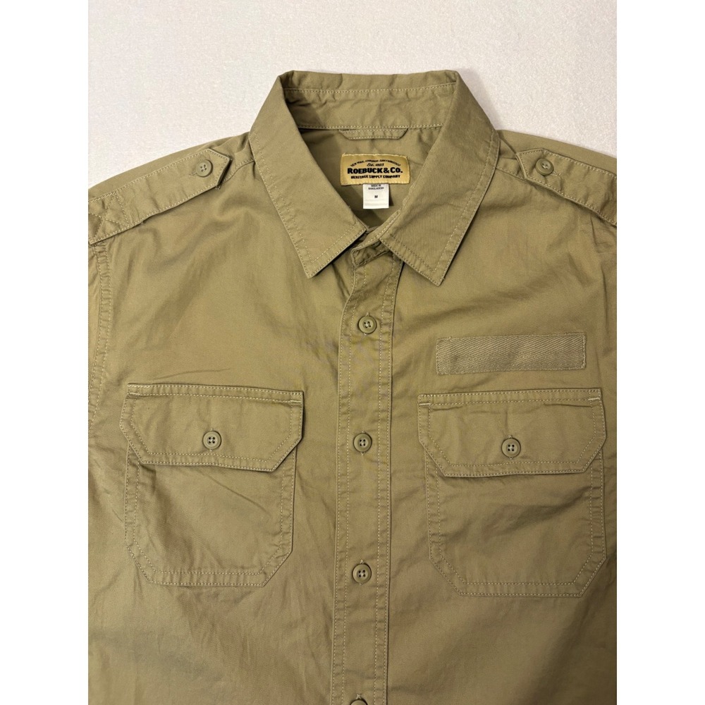 Roebuck & Co Mens Khaki Military Utility Button Down Shirt Size M Epaulets Tan
